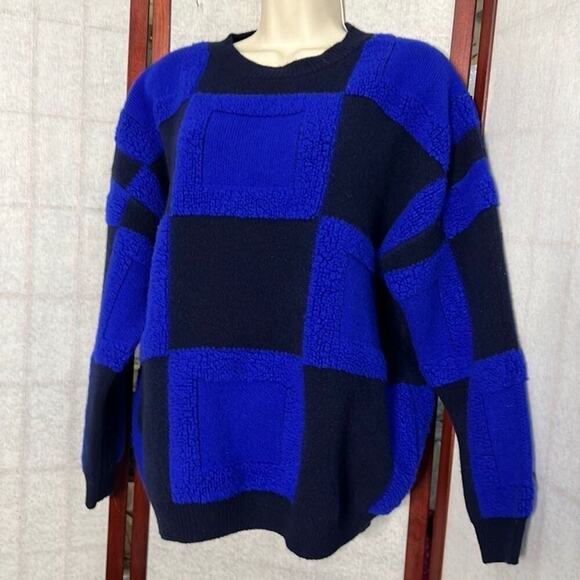 SWEATER  THICK‎ WARM KNITTED 100% WOOL BLUE & BLACK SIZE M - Picture 3 of 10